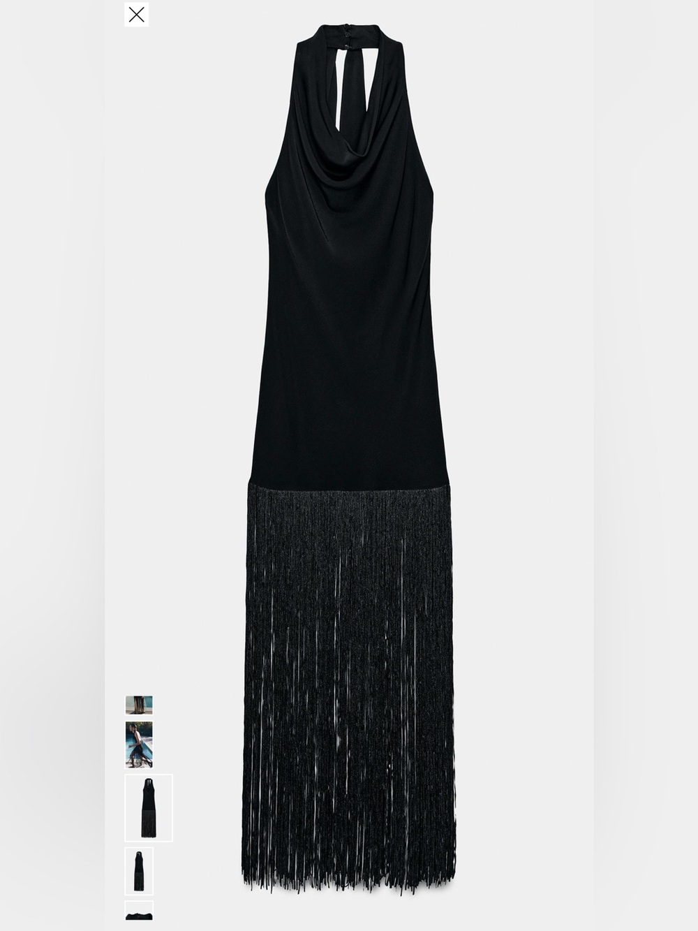 Zara Black Cowl-Neck Maxi Dress with Fringe Hem